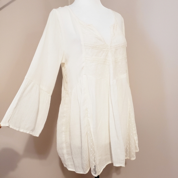 CREPE PEASANT MESH FLOWY LONG SLEEVE CREAM TOP - Picture 4 of 16